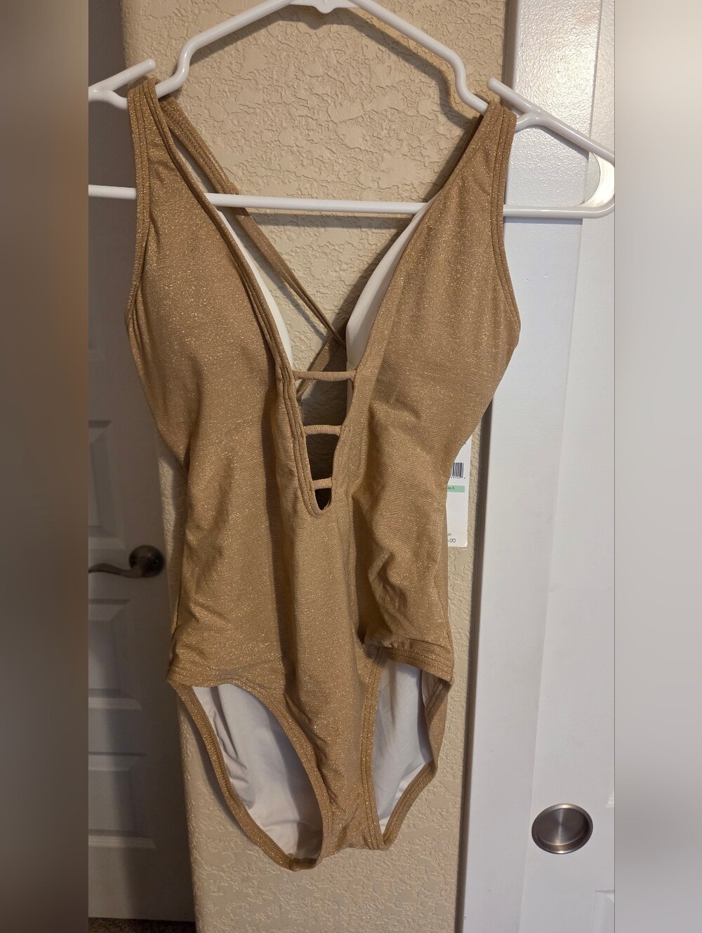 Carmen Marc Valvo Gold Shimmer Plunge One-Piece